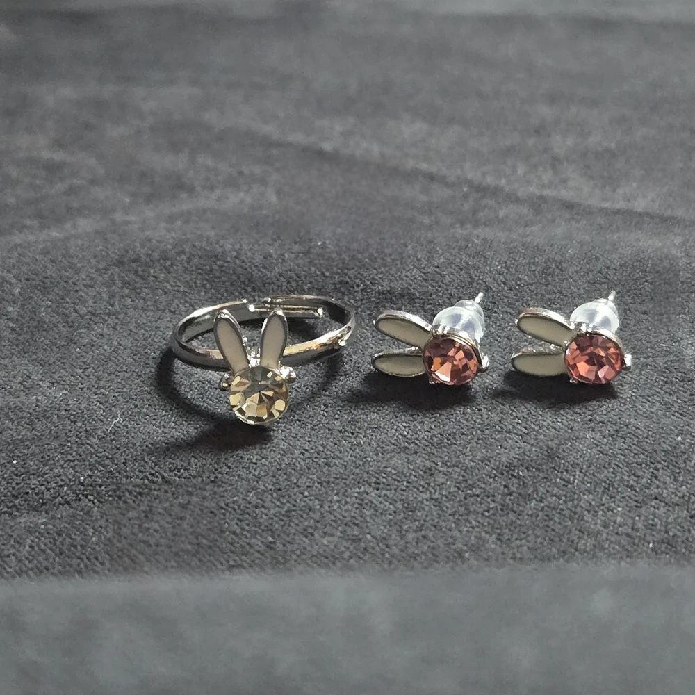 Bunny Light Pink Kids Earrings & Ring Set-NWT